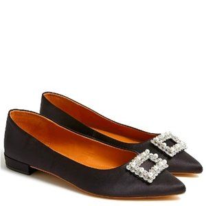 J. Crew Women's Black Satin Pointy-toe Flats with Crystal Buckle